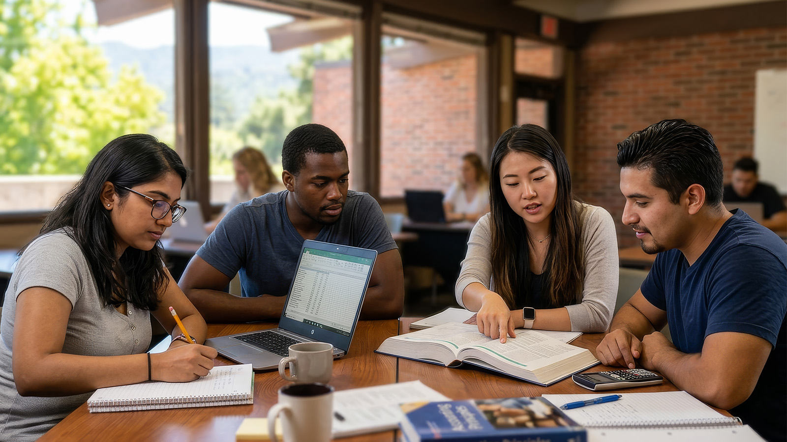 Students sit at desks listening attentively during a class, with notebooks, laptops, and papers on the tables