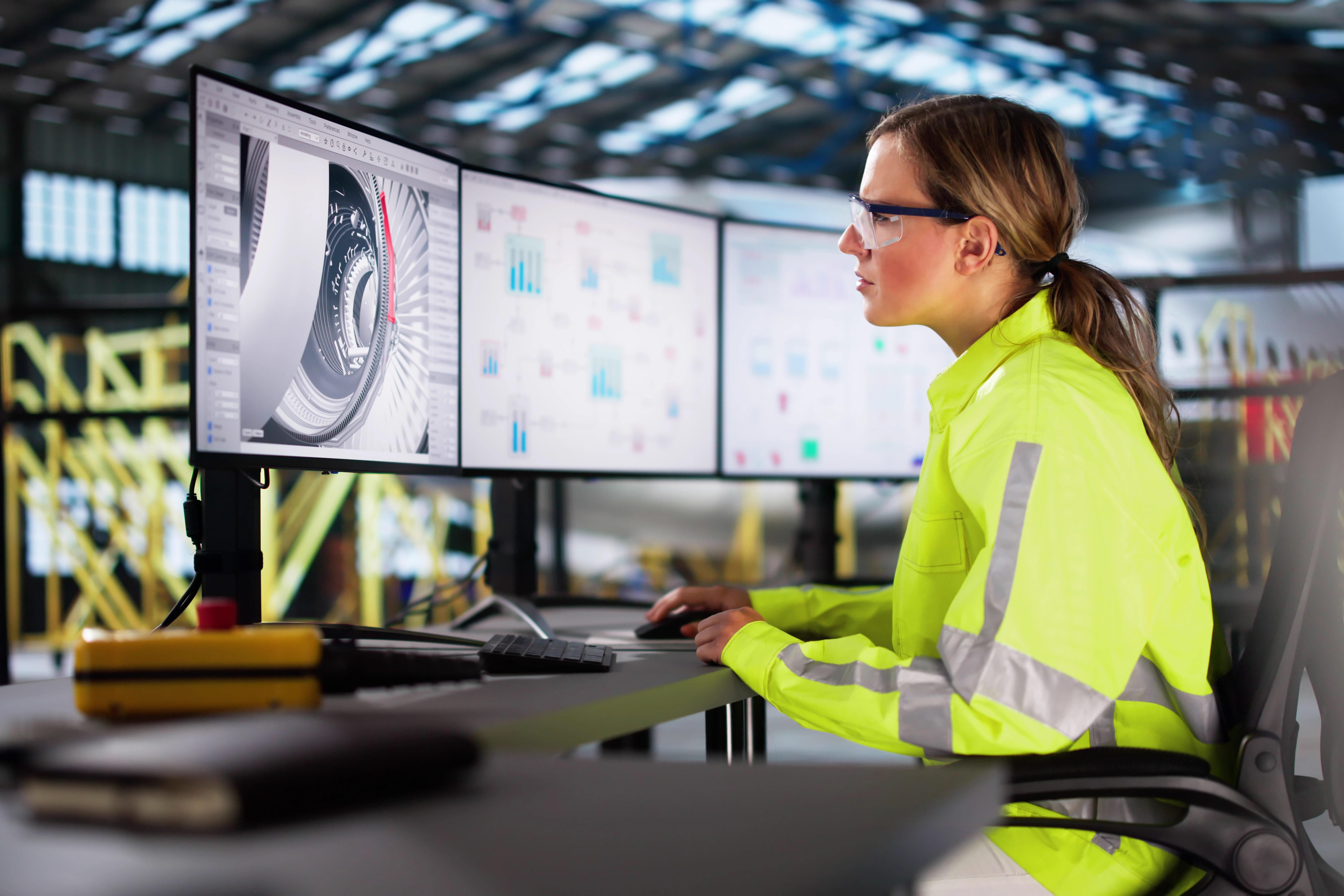 Person in safety gear working at multiple computer monitors displaying technical engineering data and a turbine model.