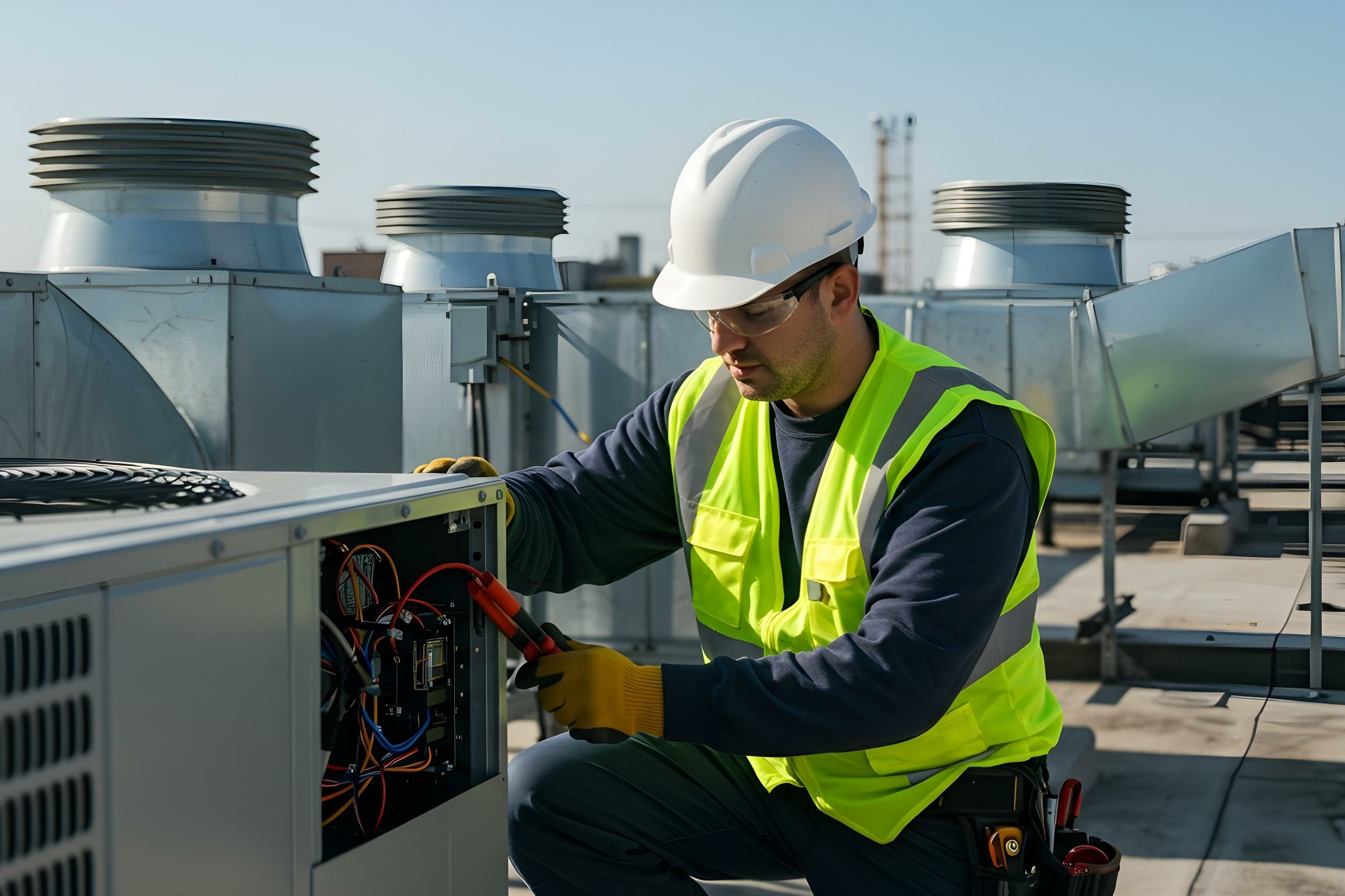 Worker in safety gear repairs electrical components on rooftop HVAC equipment.