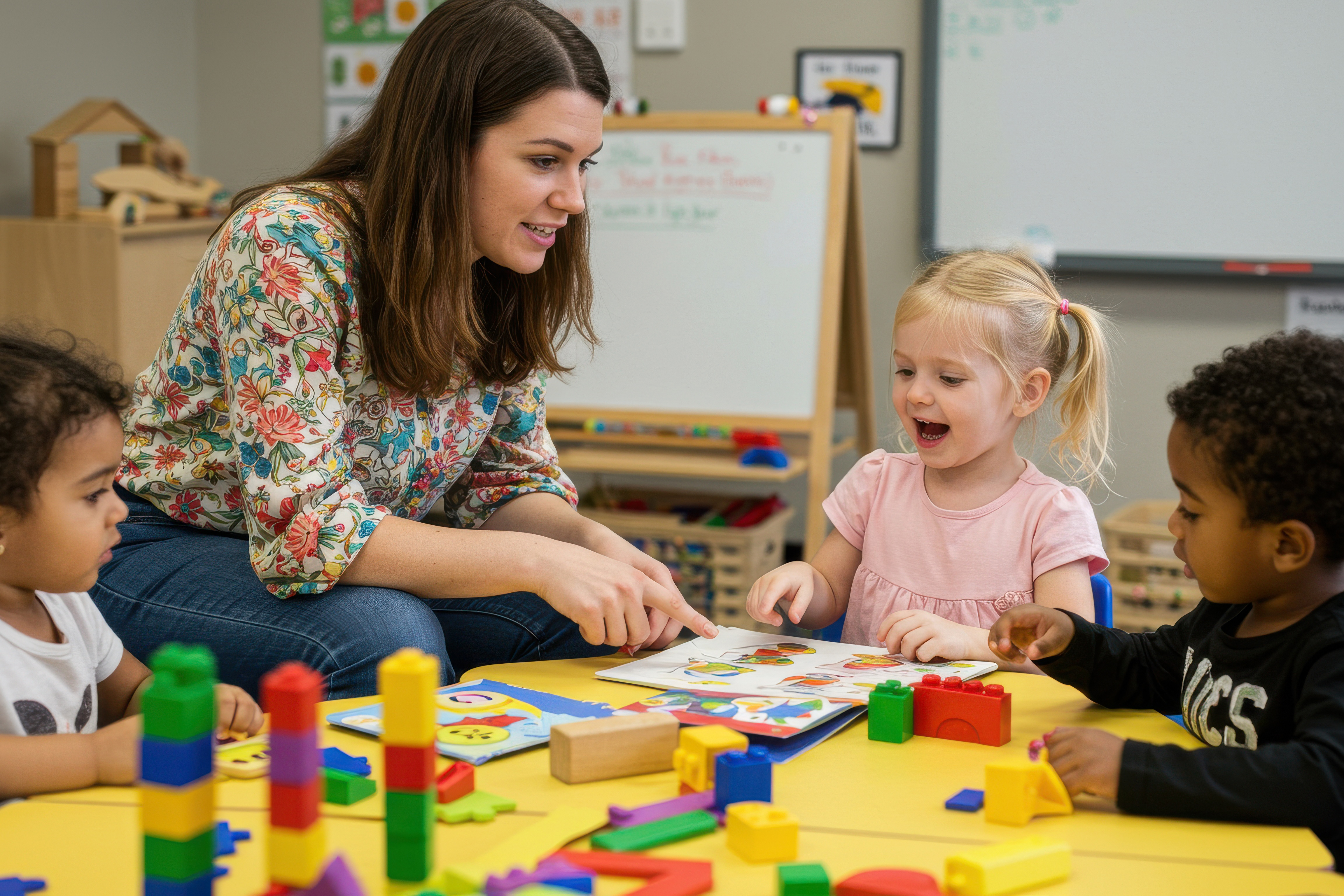 Teacher sitting with young children at a table, reading and playing with colorful blocks.