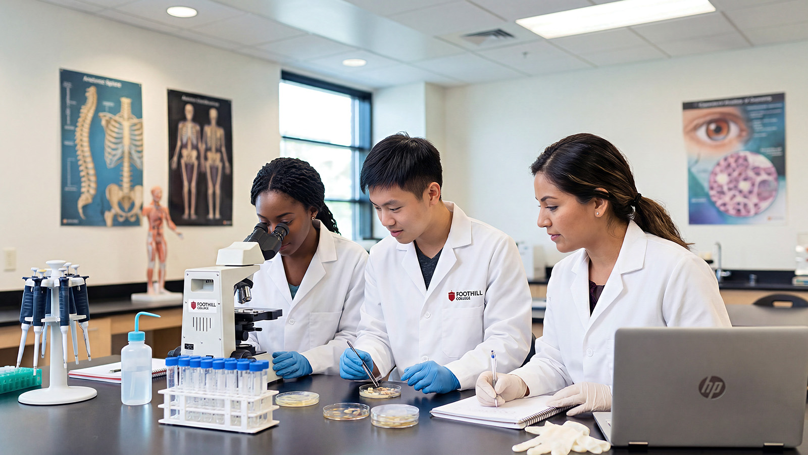 Students analyzing specimens and recording data in a biology laboratory.