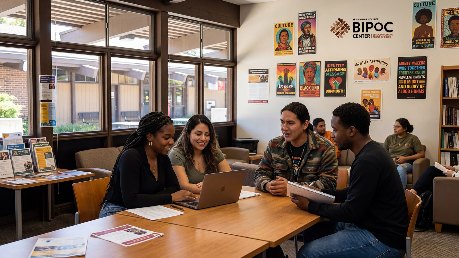 Students collaborating and studying together in the BIPOC Center, using a laptop and notes in a welcoming space with culturally affirming posters and campus resources.