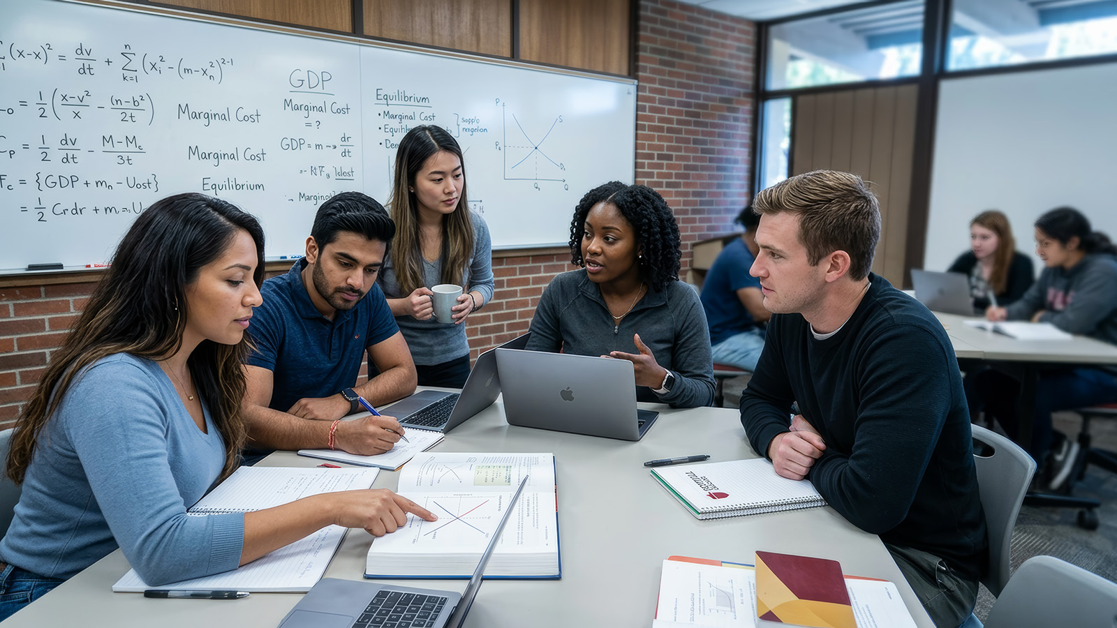 Group of college students collaborating on business coursework in a classroom, reviewing charts and economic concepts together.