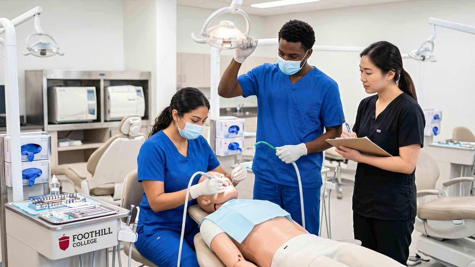 Students practicing dental procedures in a clinical lab using simulation mannequins and professional equipment.