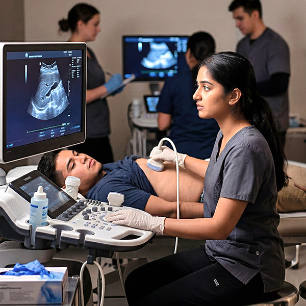 Students perform an ultrasound exam while observing results on a monitor in a clinical lab.