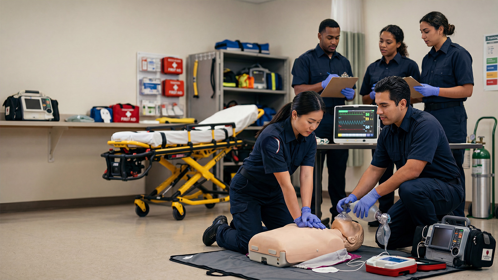 Emergency medical students perform CPR and life-saving techniques during a hands-on training session.