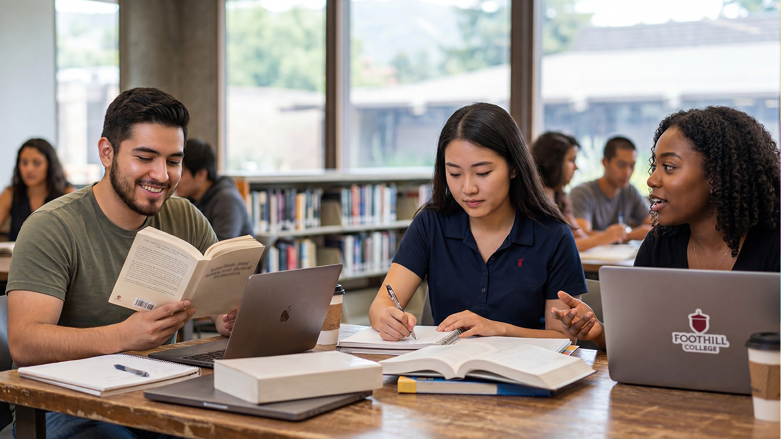 Students studying together at a library table with books, laptops, and notes.