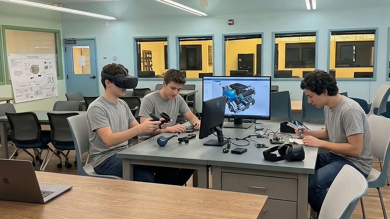Three students at the Emerging Technologies Institute working with vr technologies.
