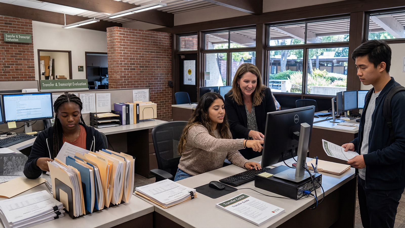 Student receiving assistance at a transfer and transcript evaluation office, where staff help review documents and guide them through the process.