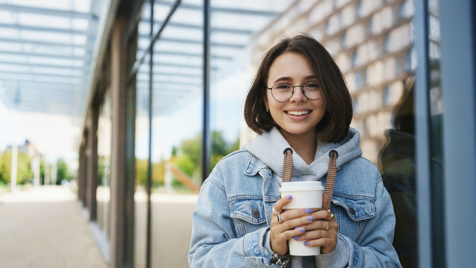 Female student outside of the coffee ship with a coffee glass