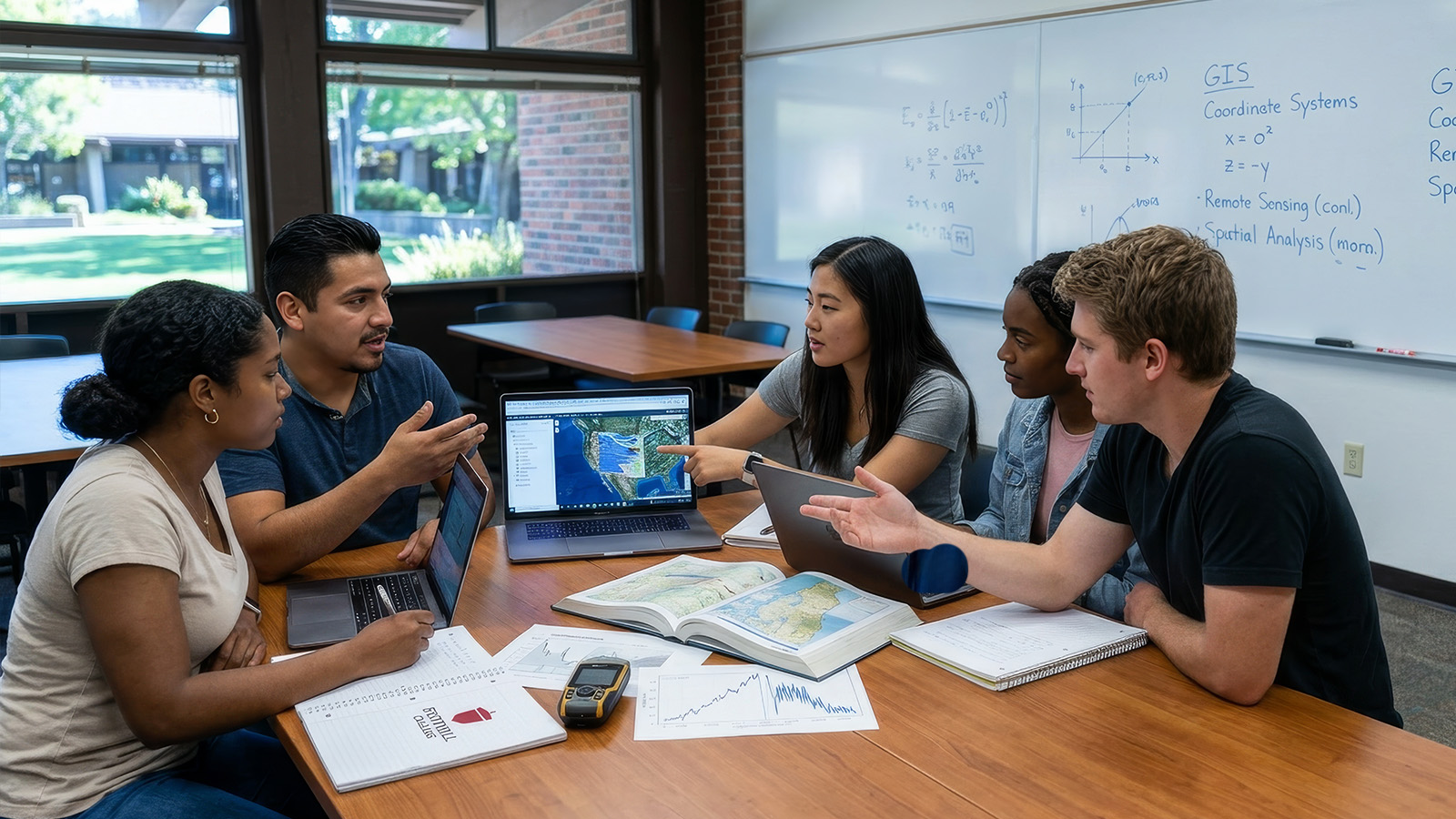Five college students collaborating in a classroom, analyzing geographic data on a laptop with maps, charts, and GIS concepts on the whiteboard behind them.