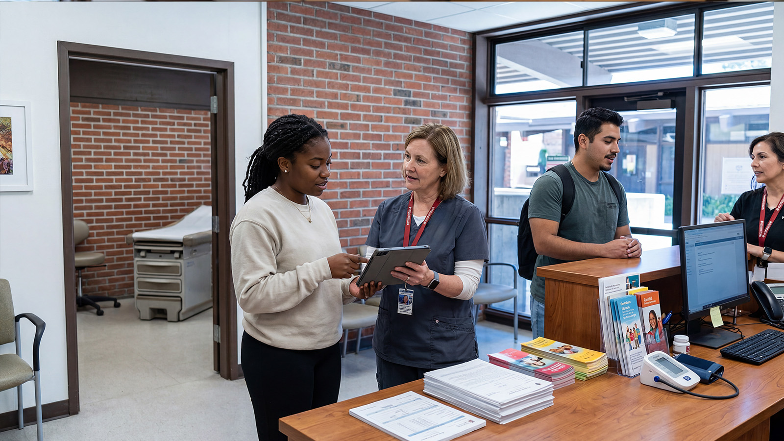 Students reviewing documents online, with a laptop screen showing forms and application fields.
