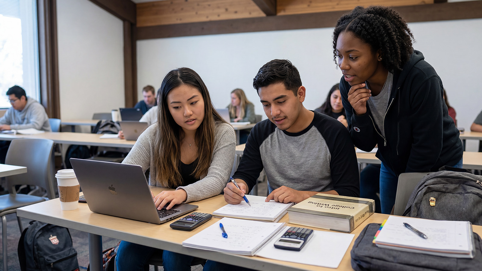 Students collaborating on assignments, using a laptop, notebooks, and textbooks in class.