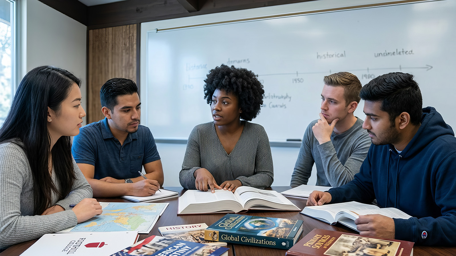Group of college students discussing history concepts together in a classroom, using textbooks and notes during a collaborative session.