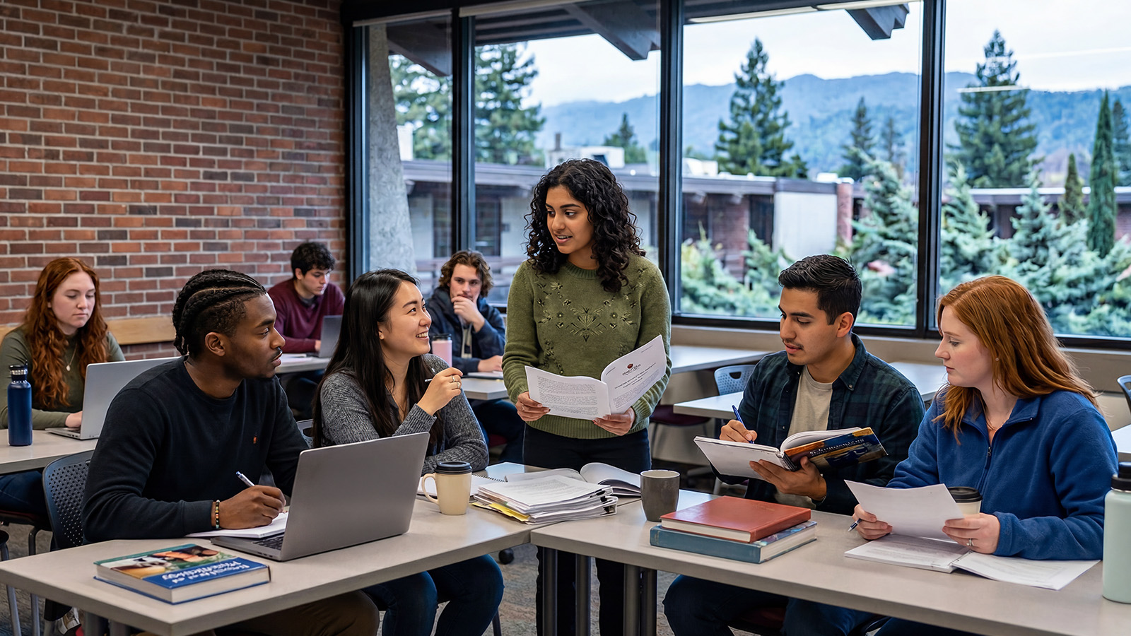 Group of college students collaborating at tables in a classroom, reviewing notes and discussing materials while one student stands and presents.