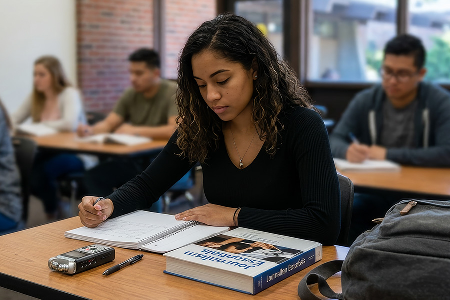 College student focused on writing notes during a classroom lecture, with textbooks and classmates in the background.