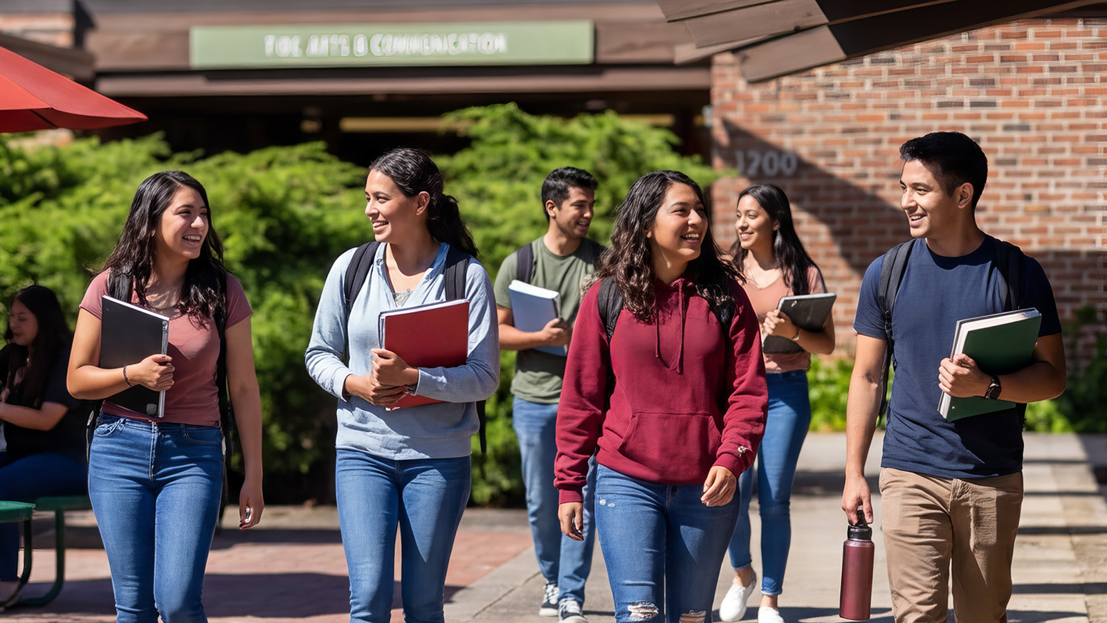 Diverse group of college students walking on campus