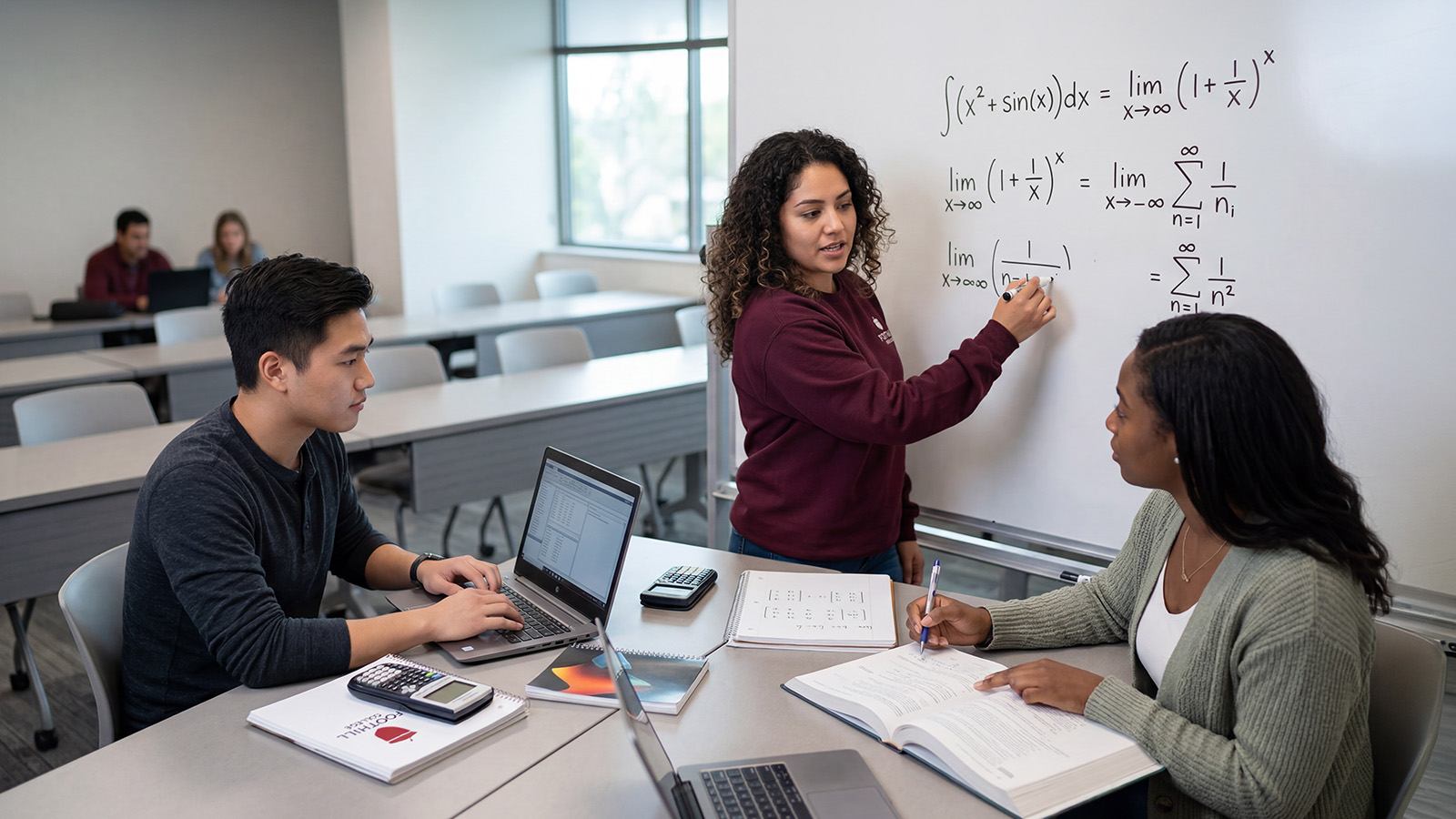 Students solving math problems at the whiteboard.