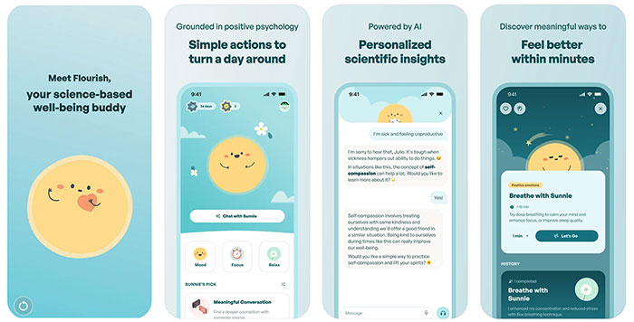 Screenshots of the Flourish app.