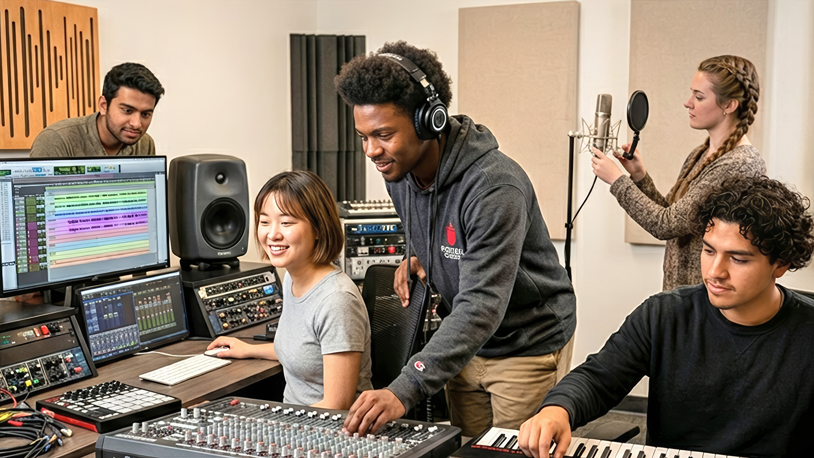 Students collaborating in a music production studio, mixing audio, recording vocals, and creating tracks with digital equipment.