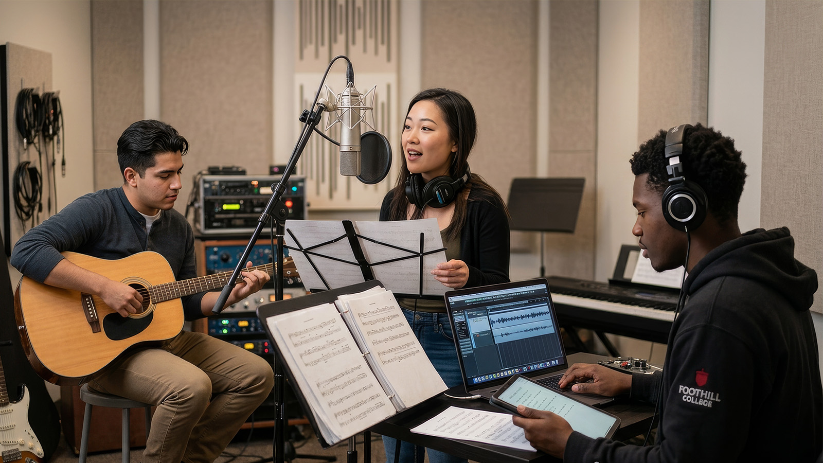 Students recording vocals and guitar while editing audio on a laptop.