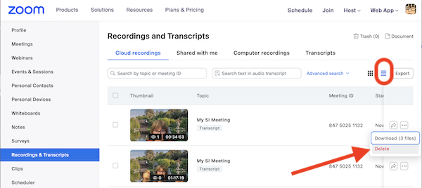 image showing how to delete a zoom recording