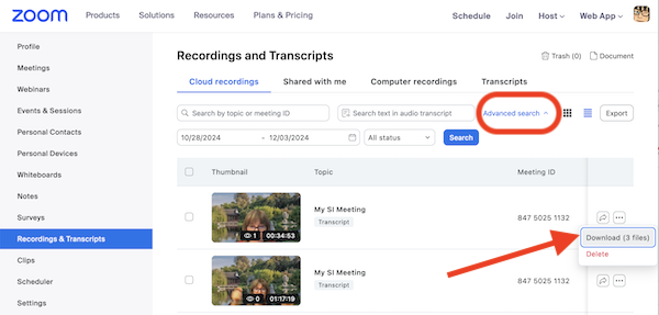image showing how to download a zoom recording
