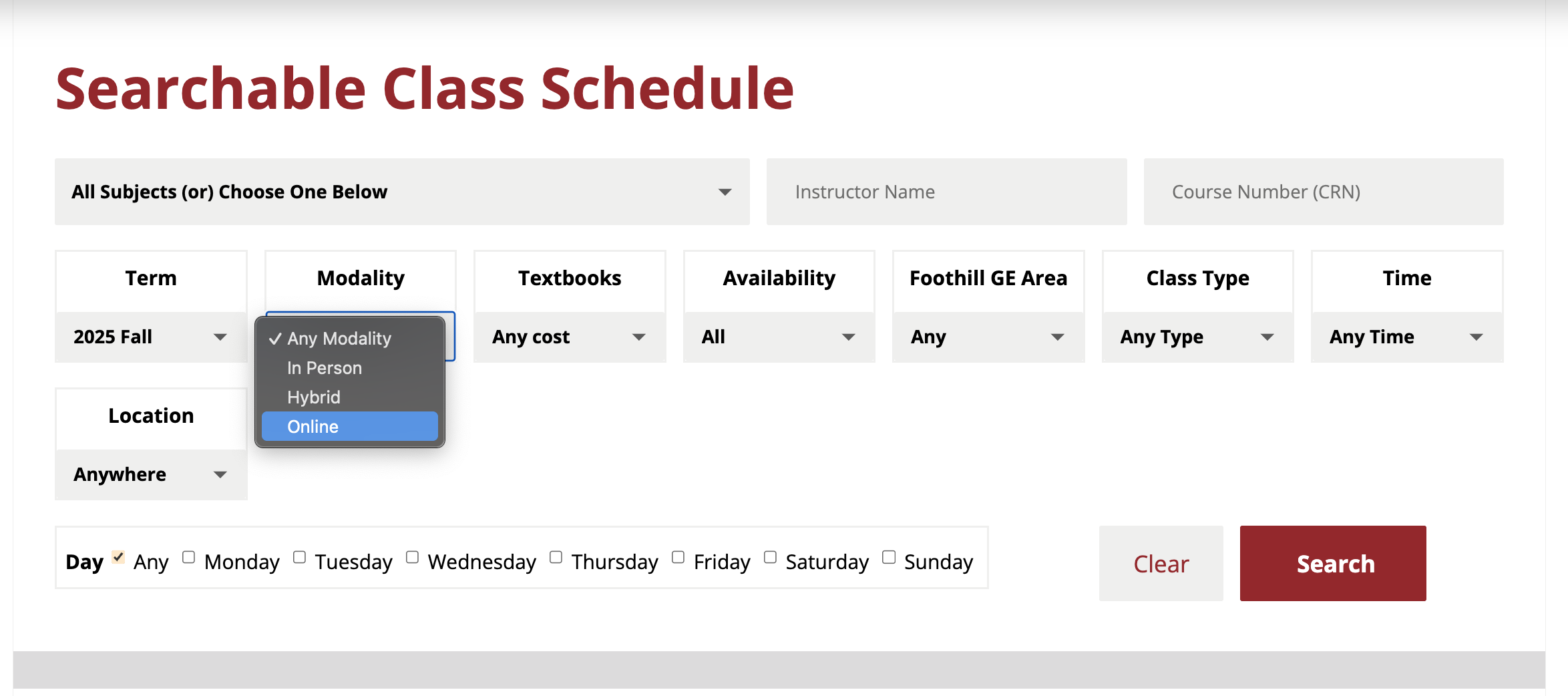 Searchable Class Schedule with modality as online