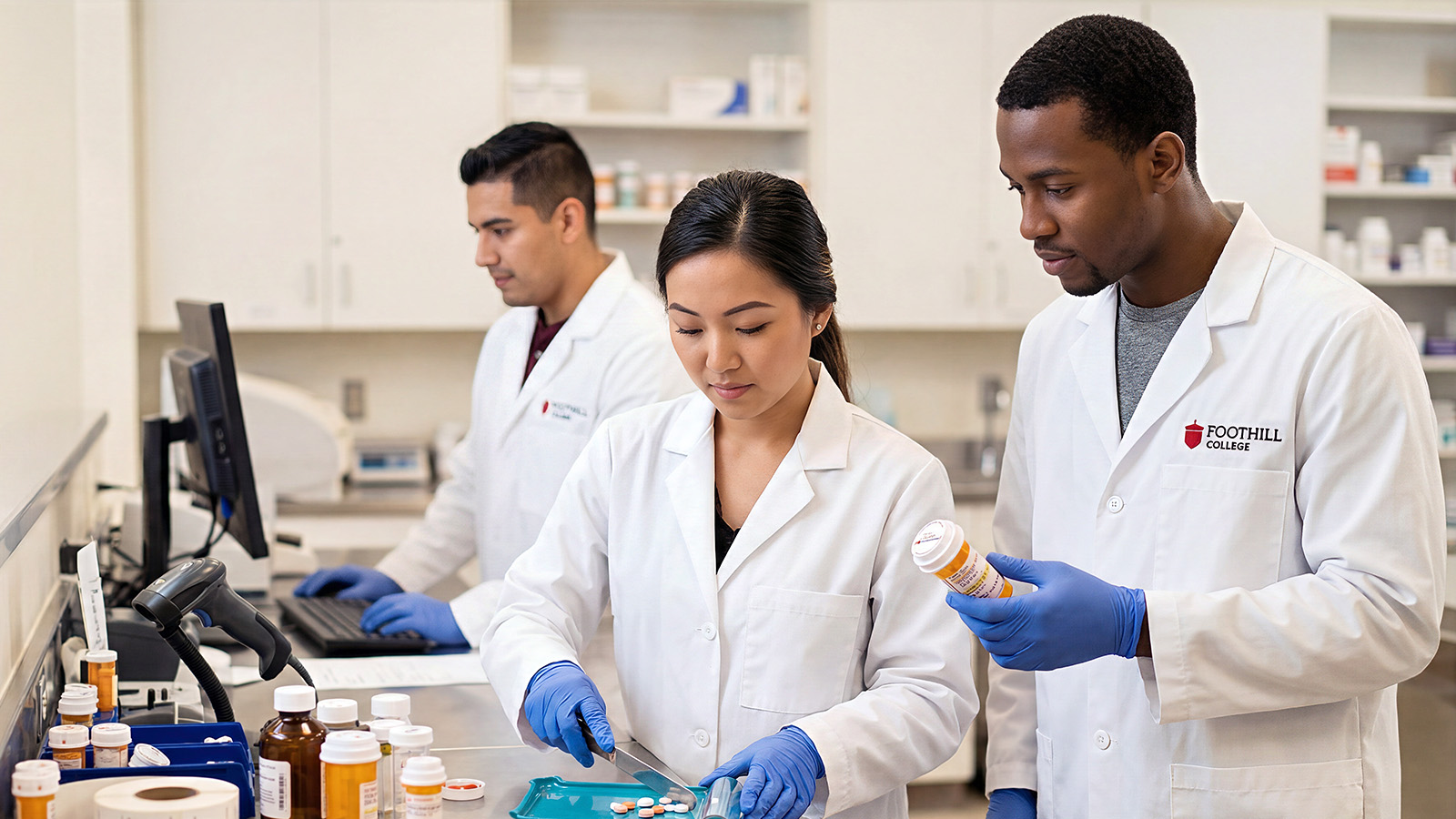 Pharmacy technology students prepare and organize medications in a clinical lab setting.