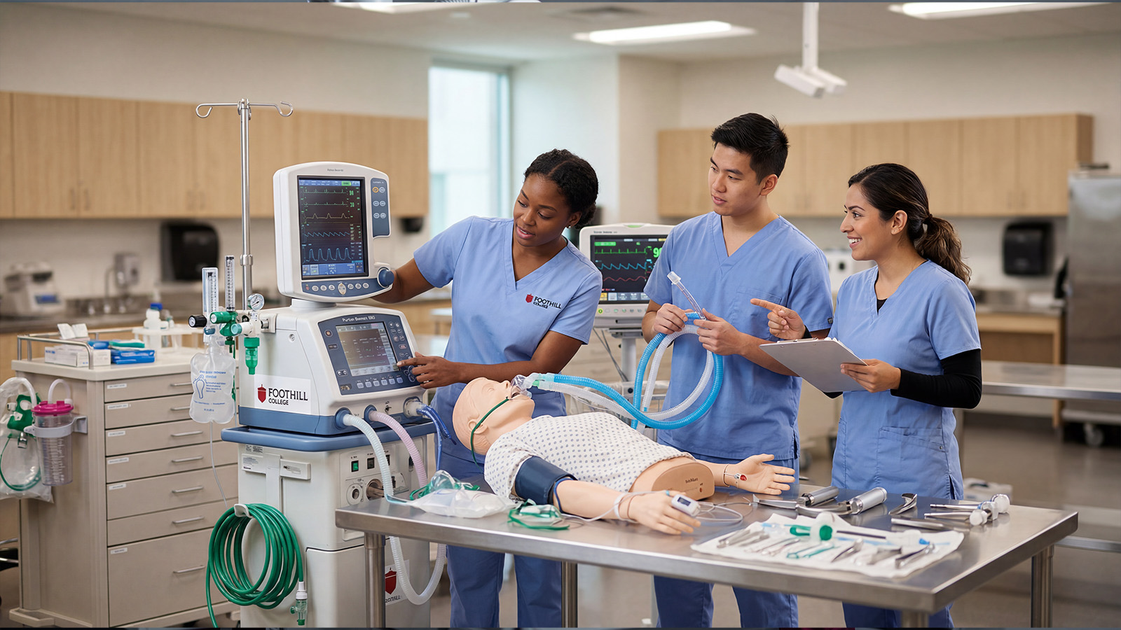 Respiratory therapy students practice life-saving airway management using advanced ventilators and simulation equipment.