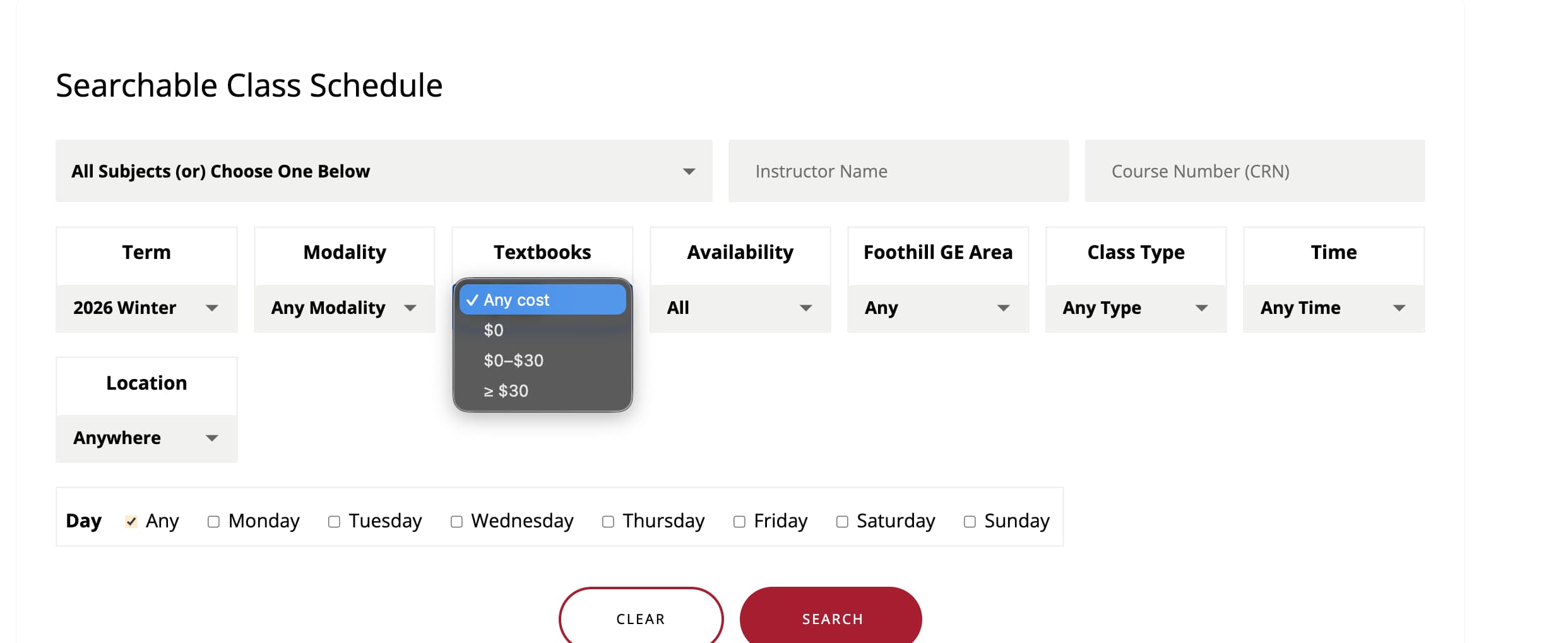 Textbook costs filter image Textbook costs filter on searchable schedule