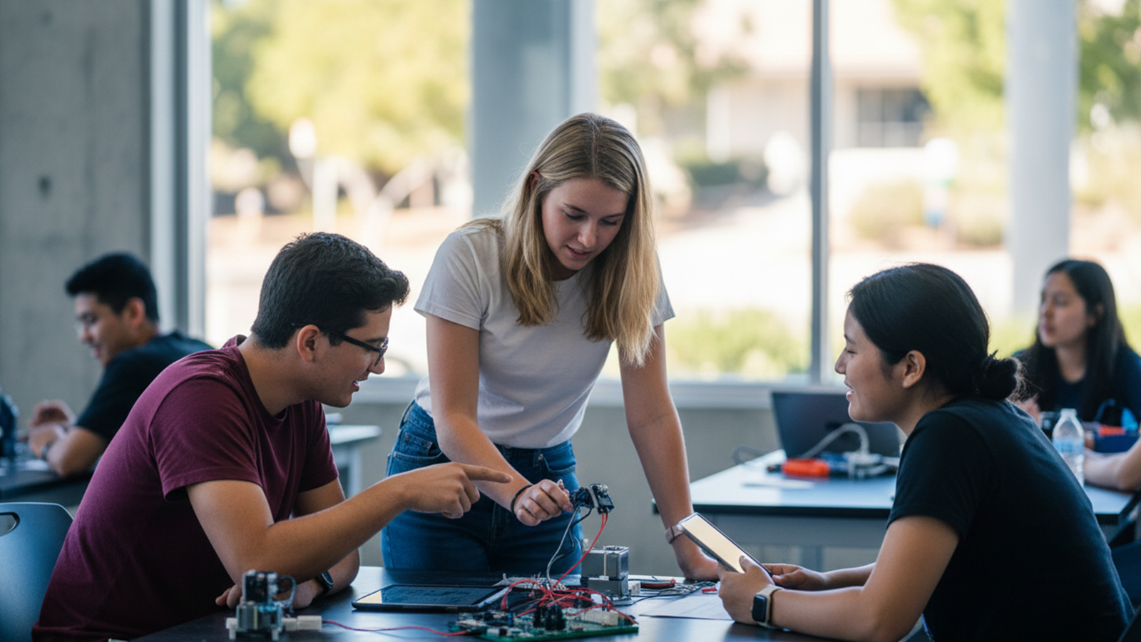 Diverse group of students working in a STEM products 