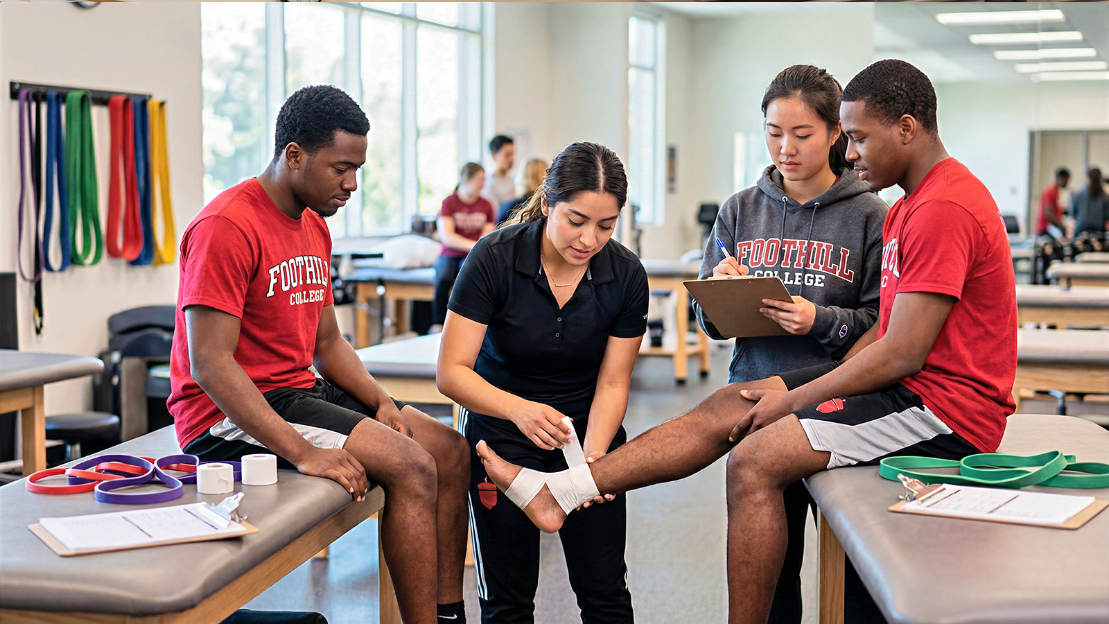 Students practicing athletic taping on an ankle in a sports medicine lab.