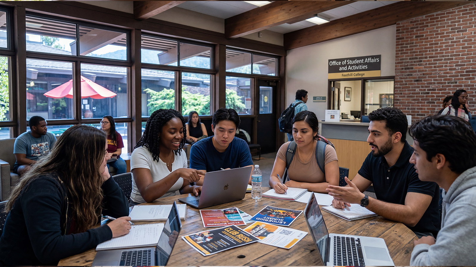 Students collaborating around a table in the Office of Student Affairs, using laptops and taking notes while discussing campus activities and resources.