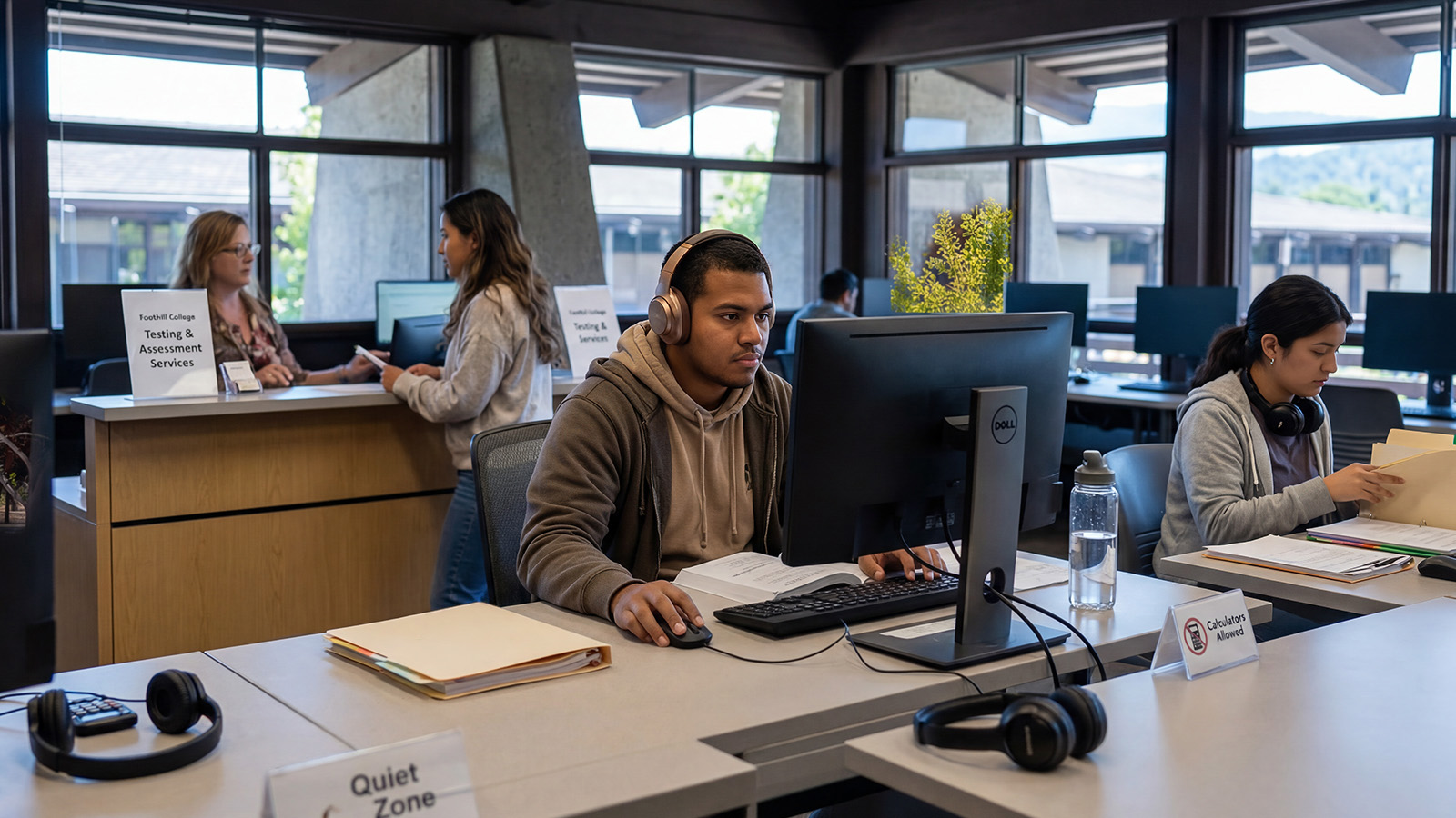 Students working quietly at computers in a testing and assessment services center, with staff assisting at a front desk in the background.