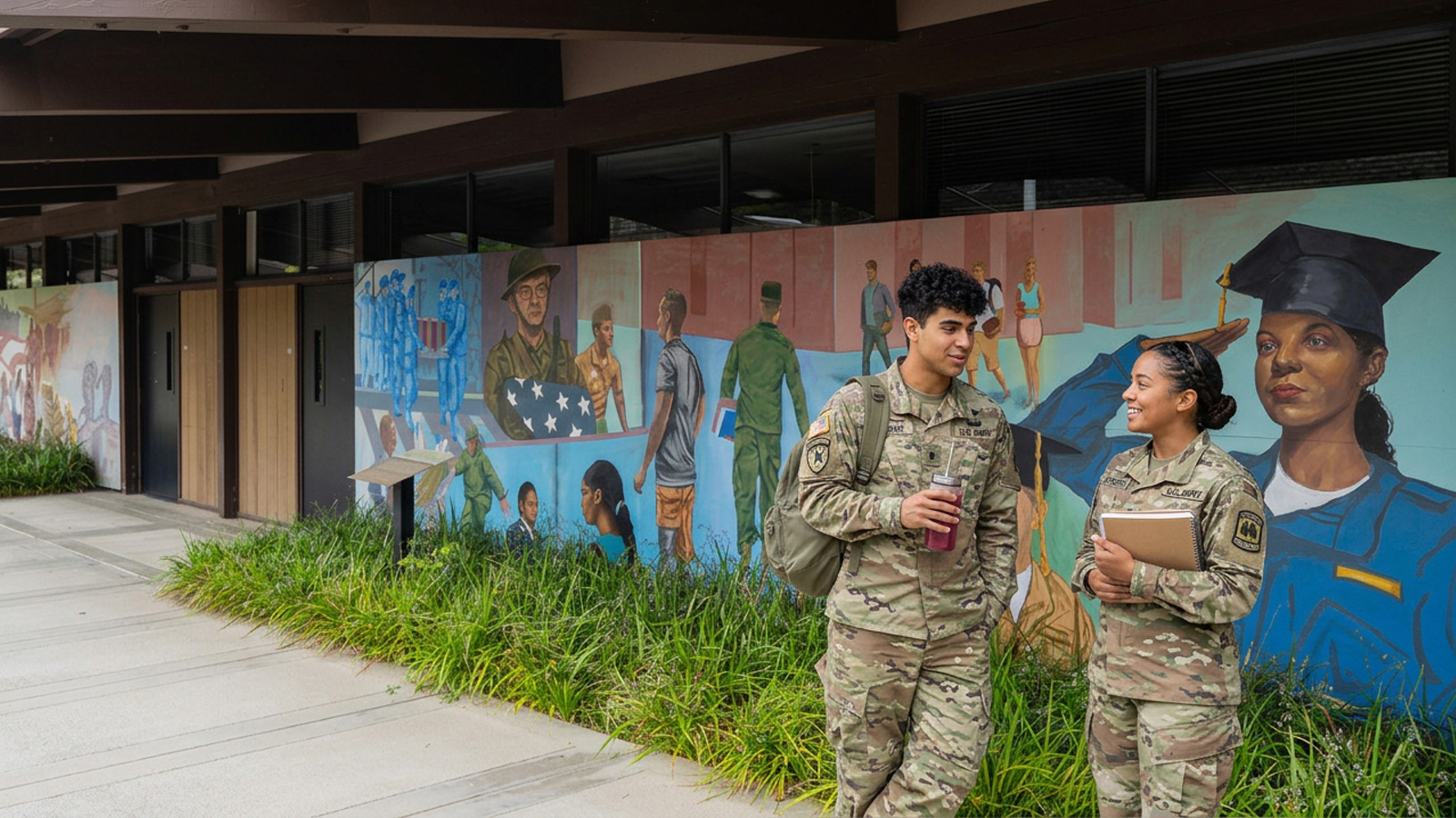 Two veterans students hanging out in front of the veterans area at the college