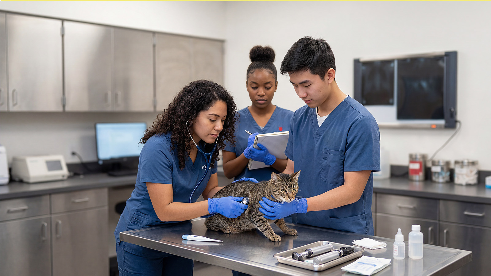 A team of students collaborates during a veterinary check-up, focusing on health evaluation and treatment techniques.